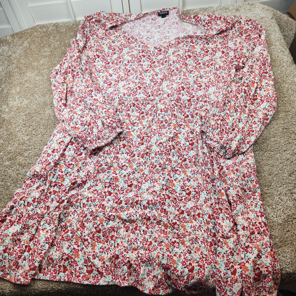 Torrid Red Floral V-Neck Long Sleeve Fit & Flare Rayon Knit Dress Womens Plus 2